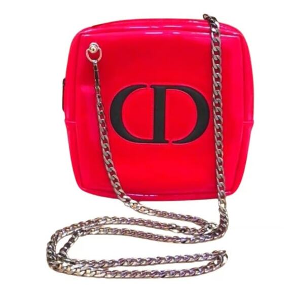 DIOR Crossbody RED w Chic Black Gunmetal Shoulder Chain converted CD Cosm. bag - Picture 7 of 16